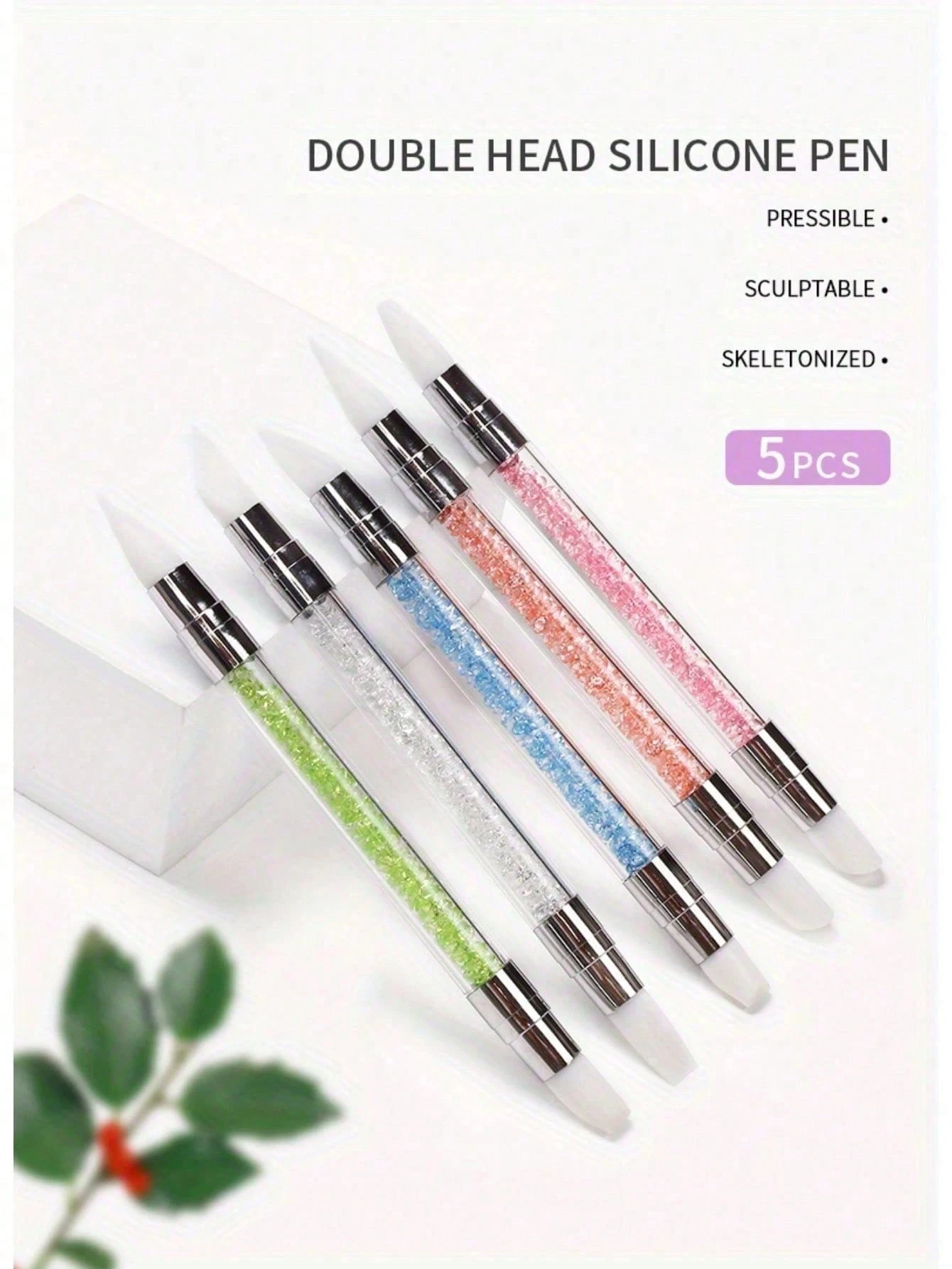 ชุดแปรงเพ้นท์เล็บอะคริลิค 1/5 ชิ้น, แปรงเพ้นท์เล็บอะคริลิคซิลิโคน, ด้ามจับประดับเพชรพลอย ปากกาเพ้นท์เล็บสองหัว