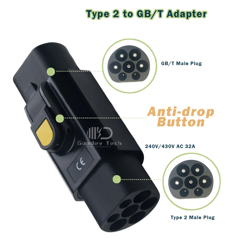 Anti-Drop EV Adapter Type 2 IEC 62196-2 to GBT EV Plug Connector Adapter For Chinese Electric Car 32A 22KW 7KW With Hook