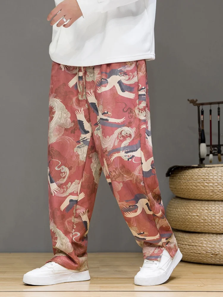 Men's Suede Pants Autumn New Style Retro Crane Print Lantern Straight Casual Trousers Loose Fit Elastic Waist No Ironing Requ...