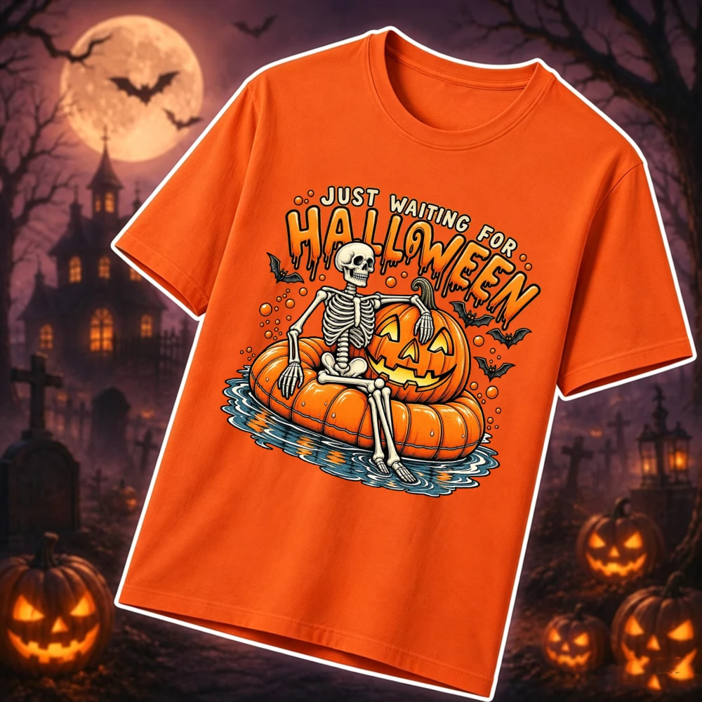 Funny Just Waiting for Halloween Skeleton Pumpkin T-Shirt Unisex Men Women Couple Matching Cotton Short Sleeve Graphic Tee