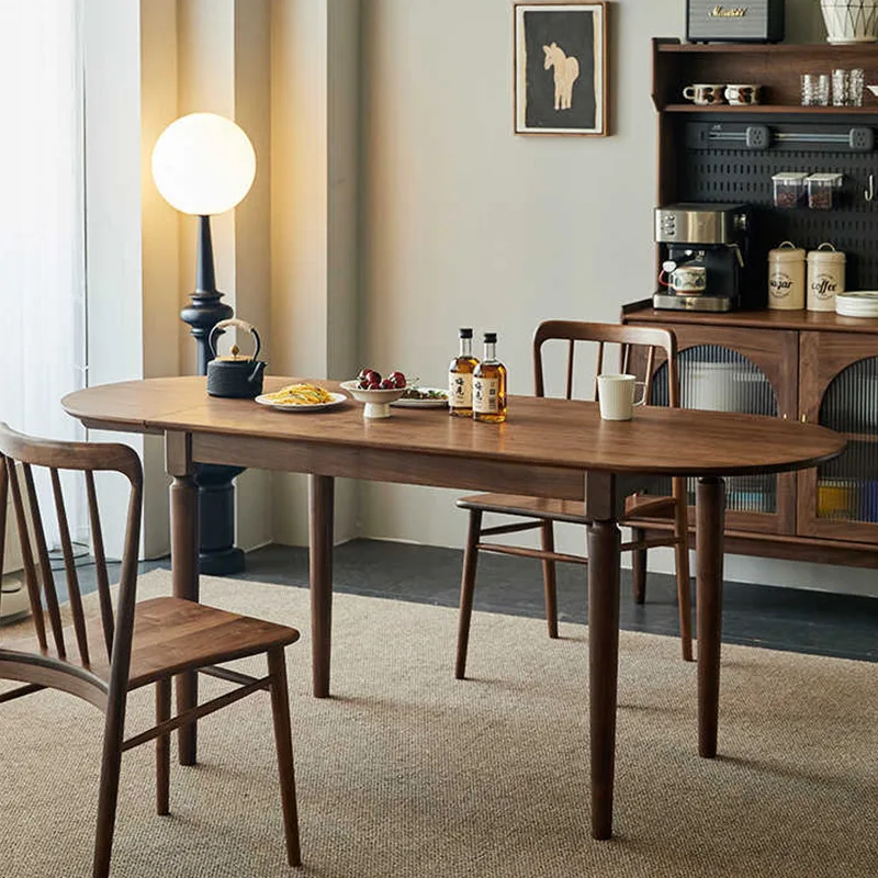 Black walnut folding dining table Small apartment household retractable rectangular dining table Solid wood semi-round table