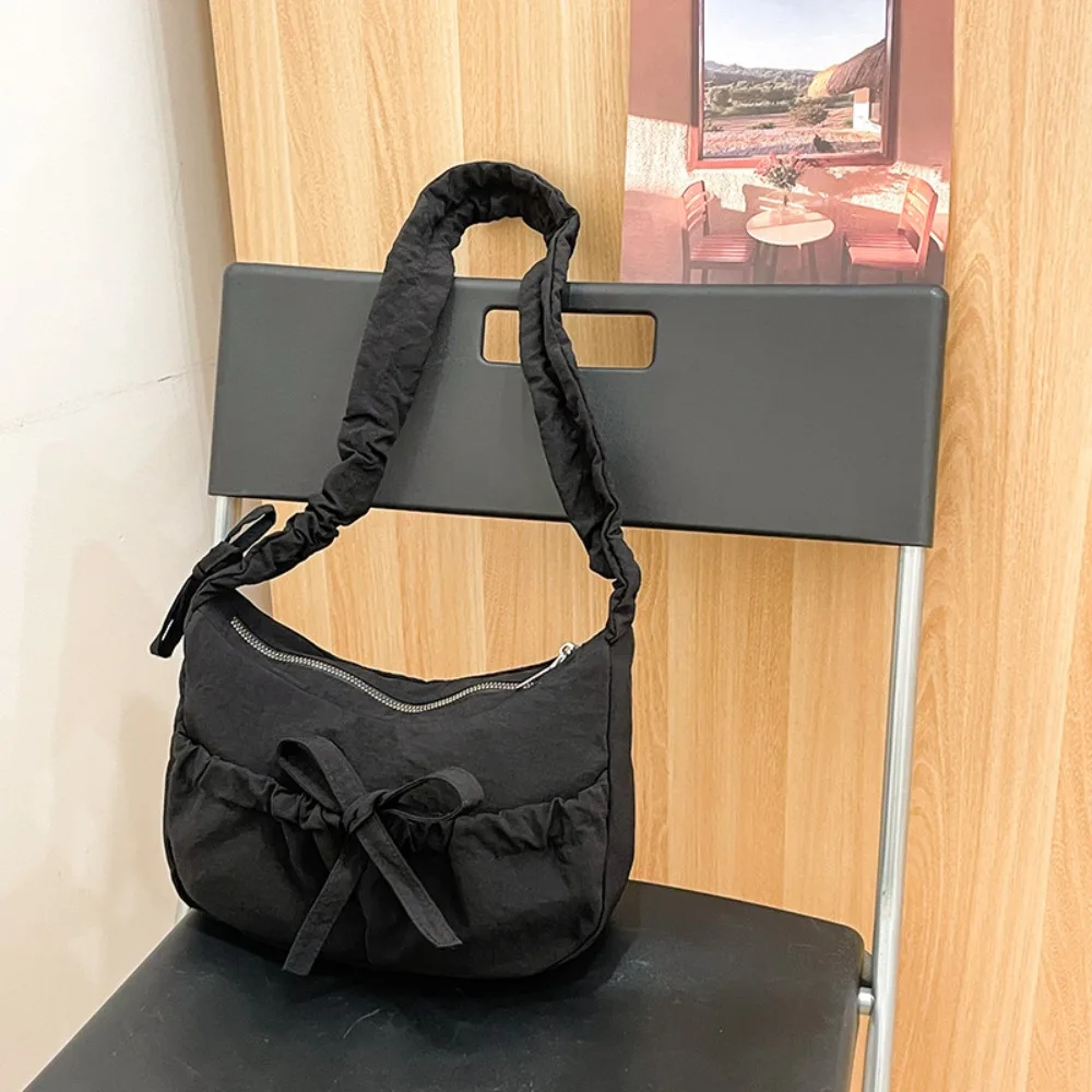 

Fashion Solid Color Bow Pleated Bag Kroean Style Chic Pleated Shoulder Bag Sweet Zipper Women's Handbag Girls