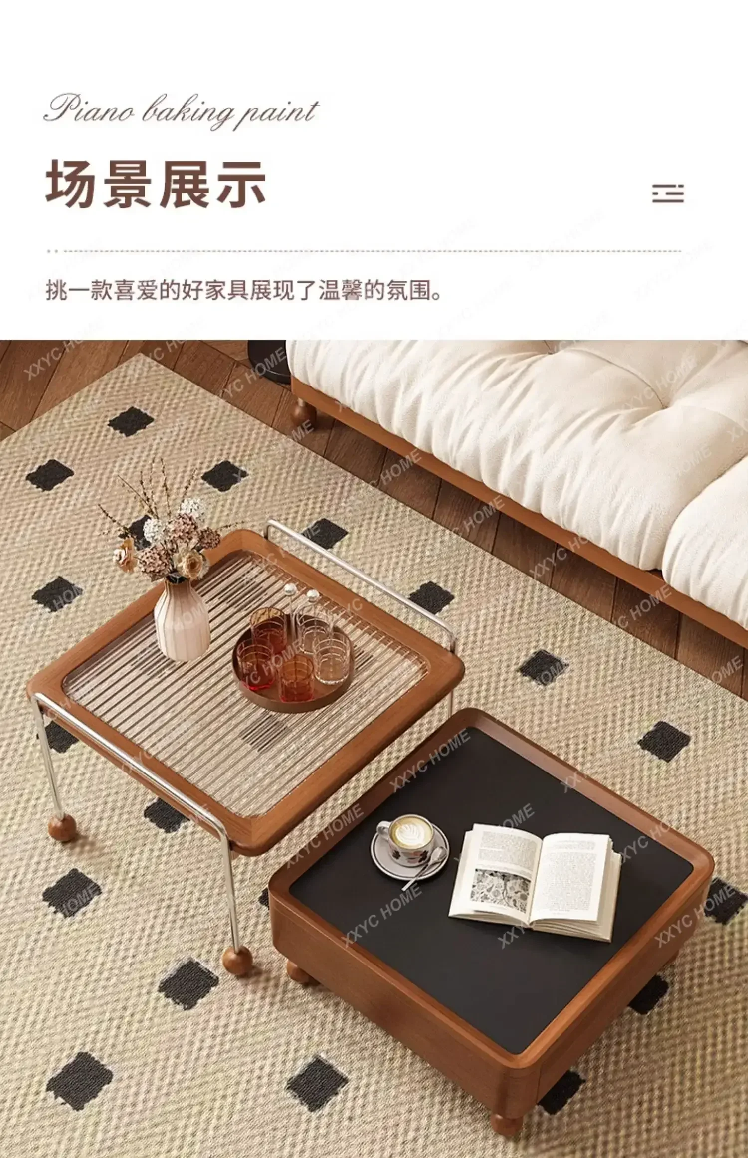 

Hretro size combination coffee table living room household solid wood rock slab storage retractable tea table