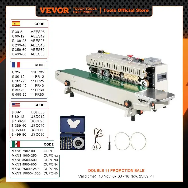 

VEVOR FR-770 Continuous Band Sealer Vertical/Horizontal Automatic Sealing Machine with Digital Temperature Control for Bag Films