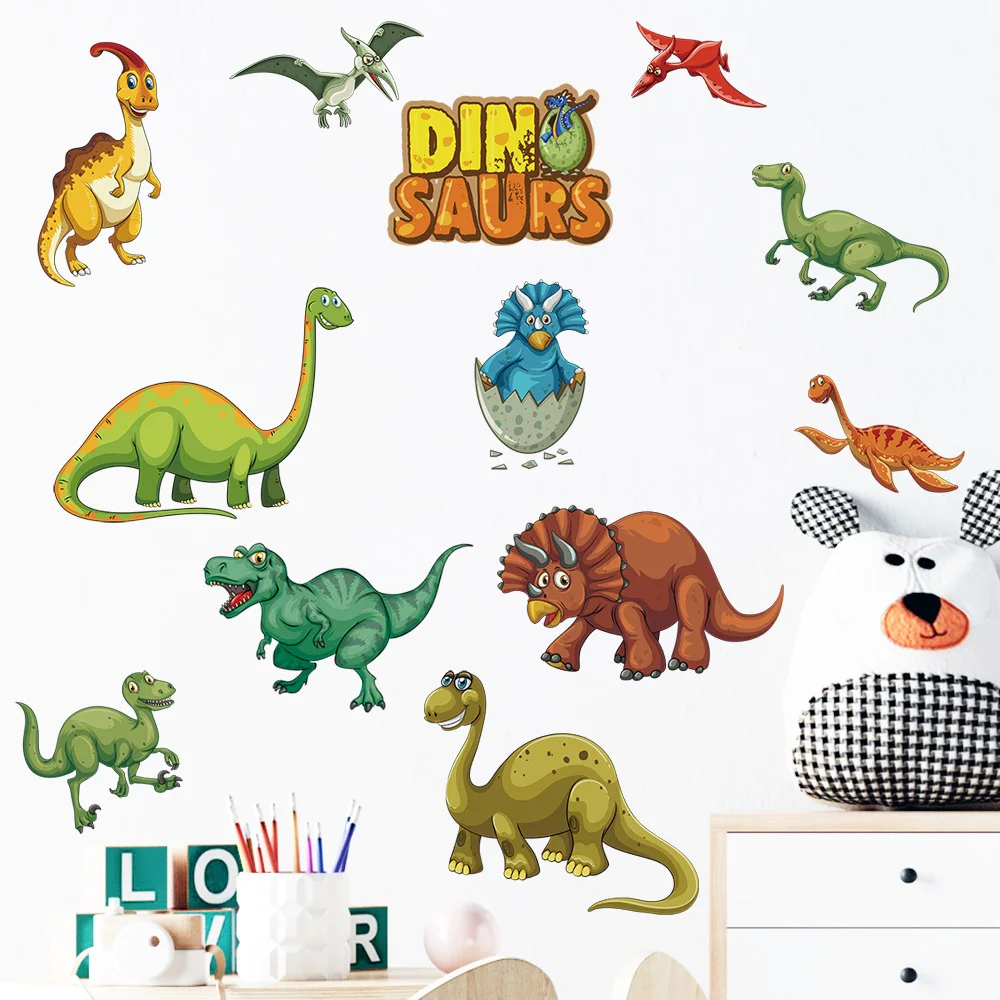 Large Cartoon Wild Dinos Dinosaur Wall Stickers for Nursery Bedroom Decor Study Room Decals Removable PVC Self-adhesive Murals