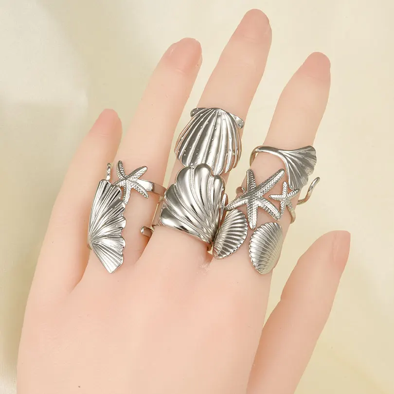 6Pcs Autumn New Brief Stainless Steel Silver Color Rings Sea Wave Starfish Shell No Fading Finger Jewelry For Women Men Gift