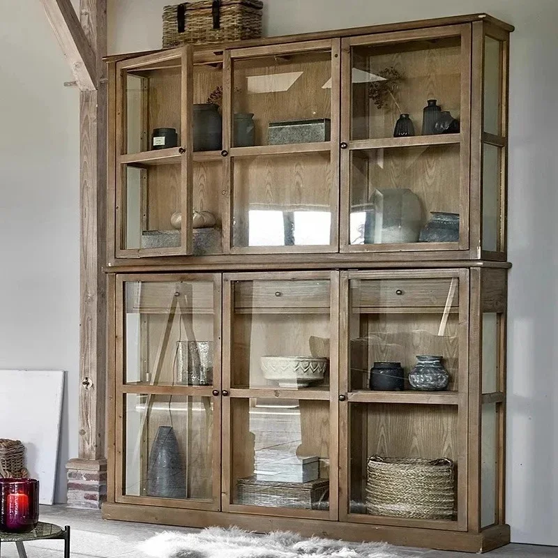 American solid wood French retro bookcase medium antique storage cabinet living room combination display cabinet