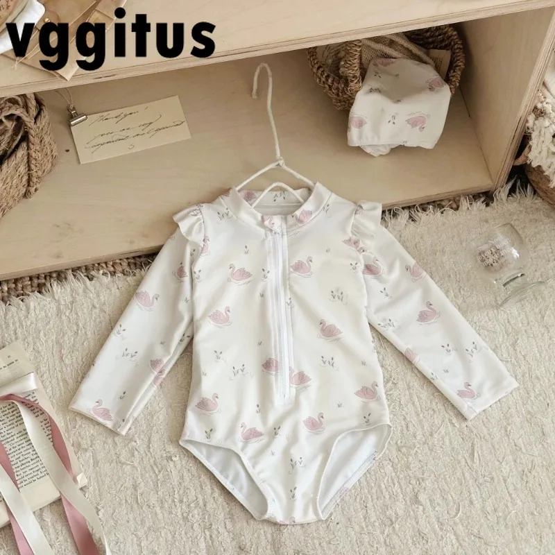 Toddler Girls One-Piece Swimwear Baby Cute Cartoon Print Ruffle Shoulder Long Sleeve Sun Protection Quick Drying Swimsuit D2911