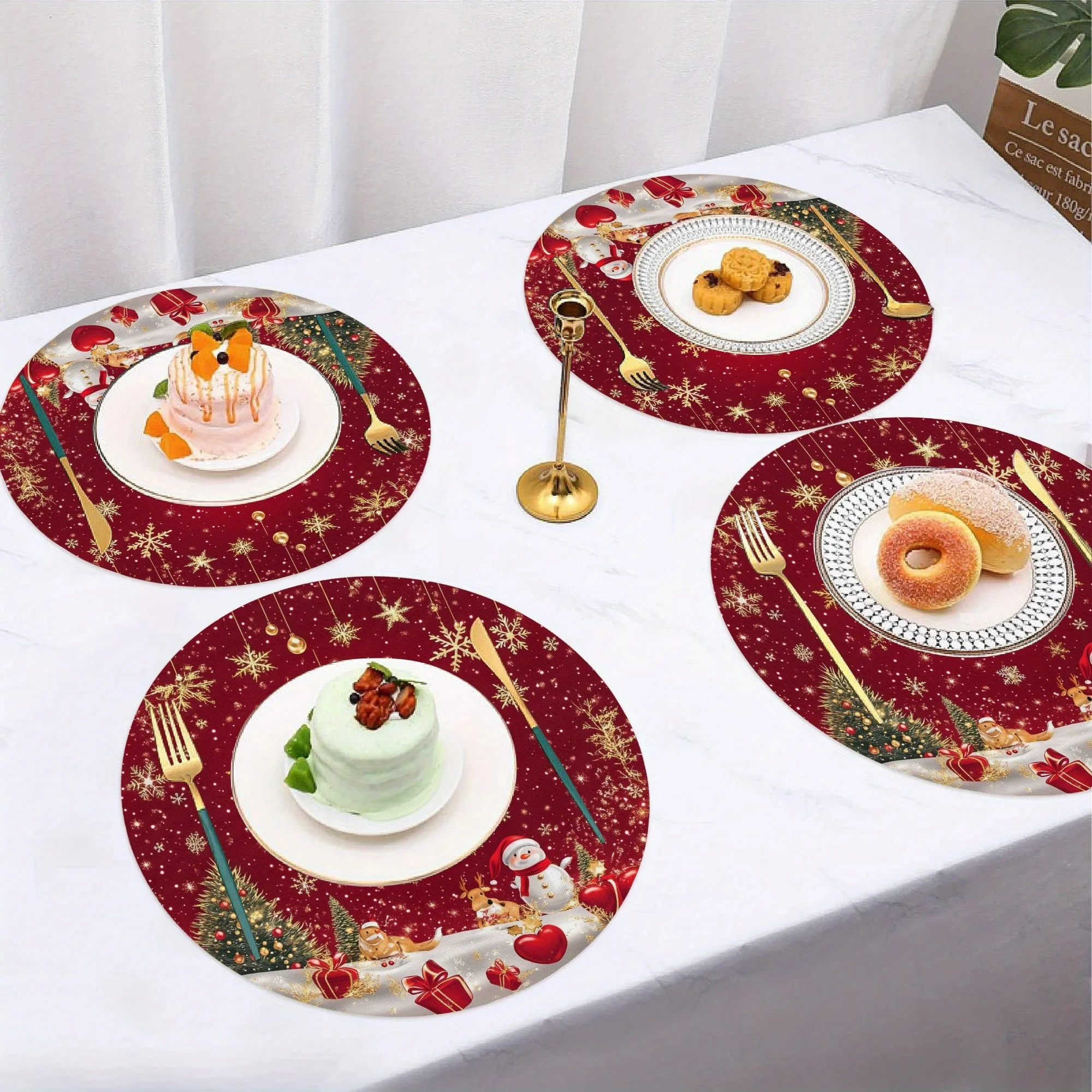 VIKAMA 4/6/8/10PCS  4-Piece 6-Piece Christmas Tree Snowman Snowflake Red Placemats Kitchen Dining Table Mats Kitchen Coasters
