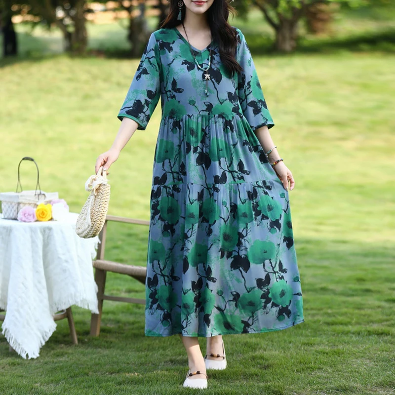 Vintage-Druck-Damen-Sommerkleider, lässig, V-Ausschnitt, kurze Ärmel, Blumenmuster, Übergröße, Damen-Kleider