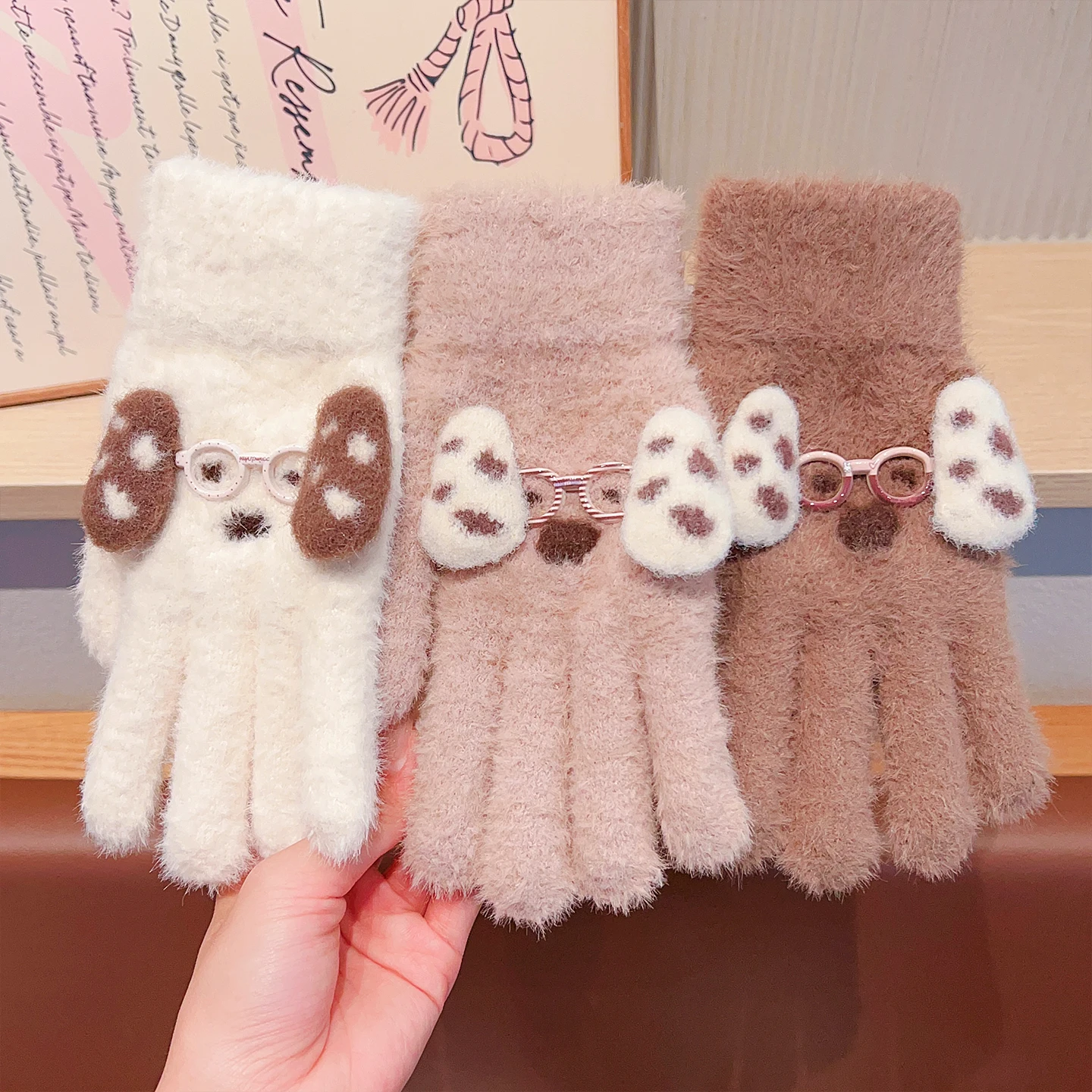 2026 Süße Winterhandschuhe für Kinder mit Hunde-Motiv, weiches Kunstfell, warm, gestrickt, mit vollen Fingern, für Jungen und Mädchen, für kaltes Wetter – Detail 7