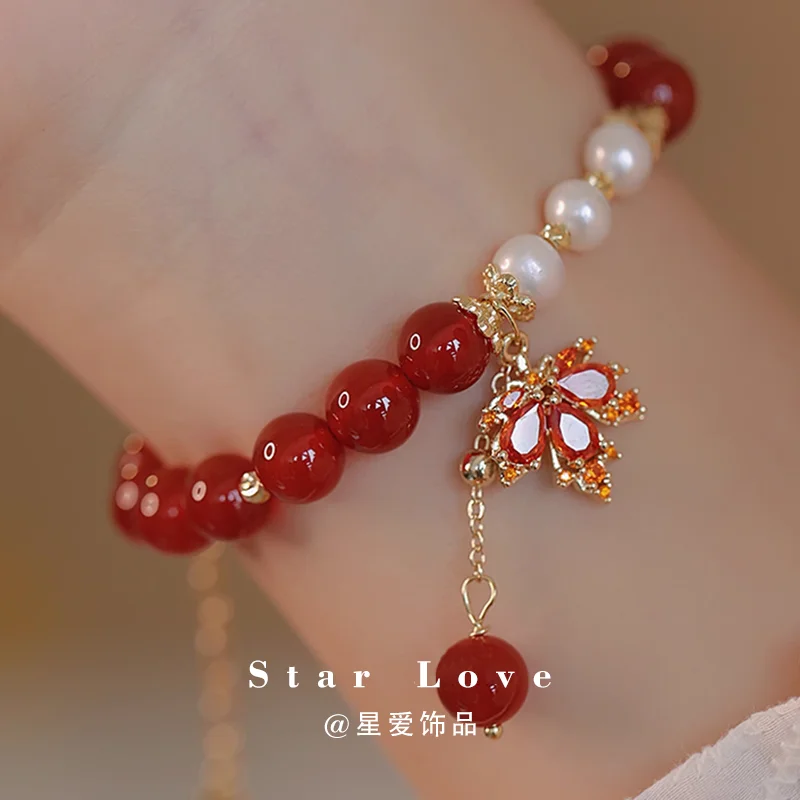 

Light Luxury Natural Red Agate Maple Leaf Bracelet Transporter Pearl Women's HandString Valentine's Day Girlfriend Birthday Gift