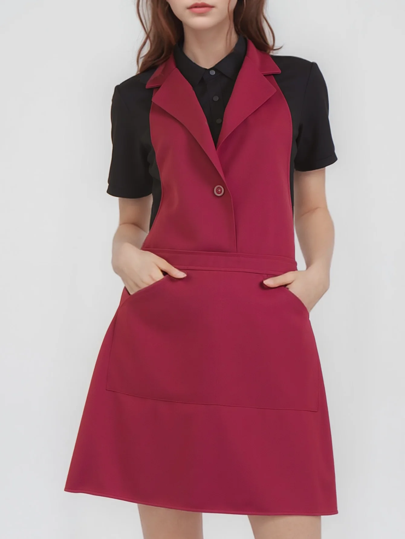 

Women's Waiter Apron with Shirt Collar, Black Polyester Uniform for Cafe Restaurant Bakery Hotel Staff, 1PC