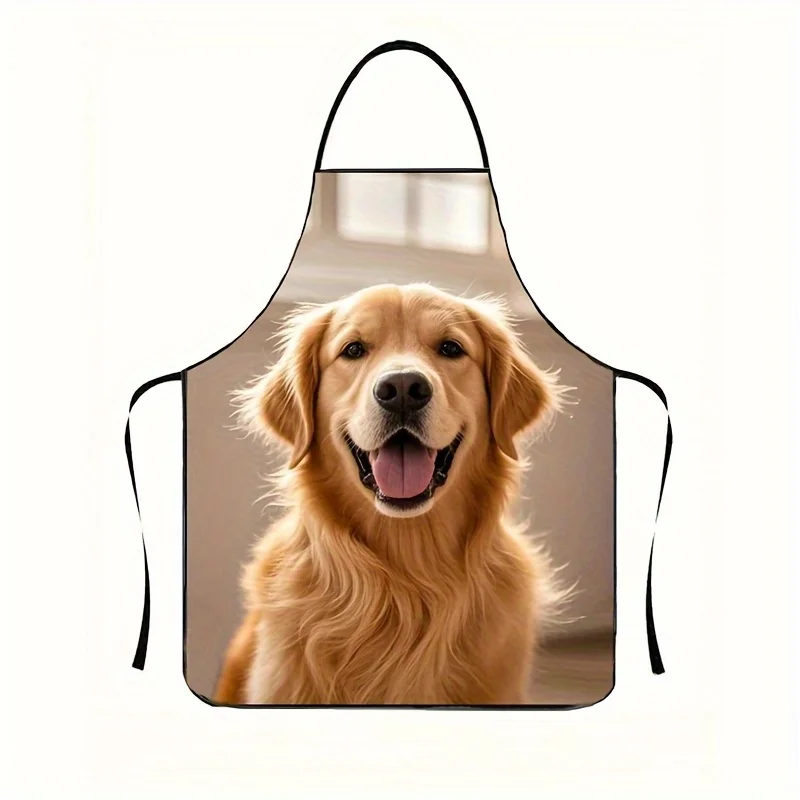 A Stylish Apron Showcasing a Golden Retriever Motif, Suitable for Everyone. Crafted from Polyester with Black Straps, Perfect fo