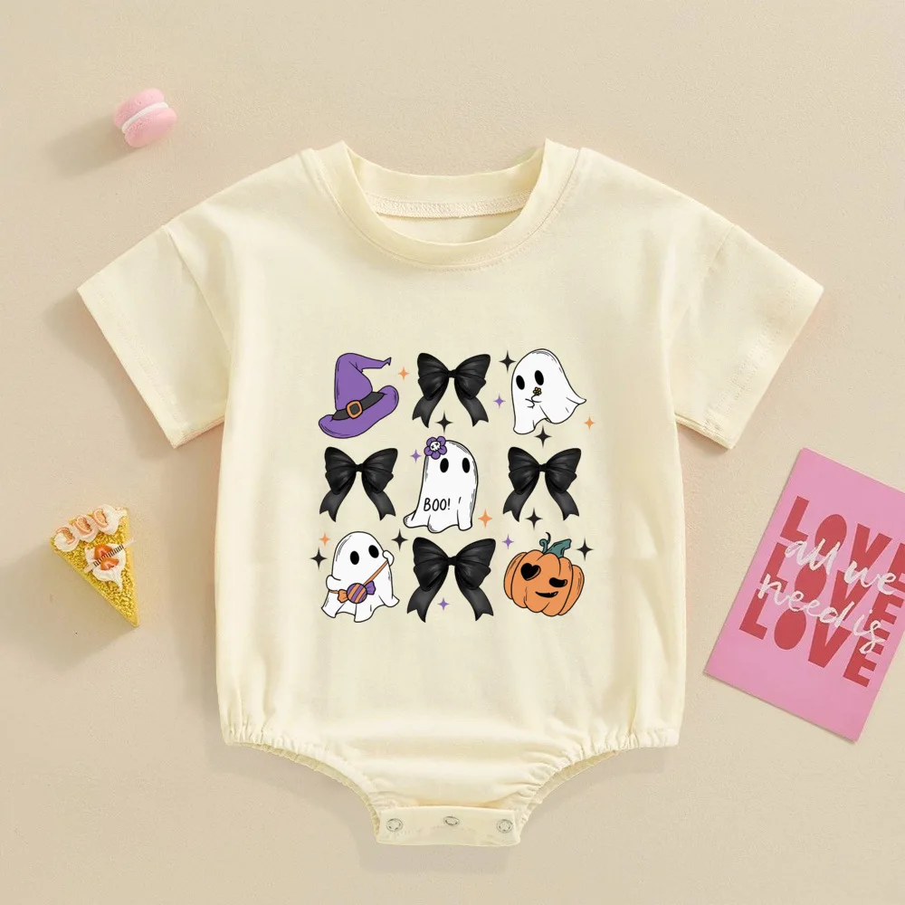 Cute Halloween Ghost Bubble Romper Fall Baby Outfit Spooky Ghost Baby Oversized T-Shirt Rompers Funny Toddler Outfit