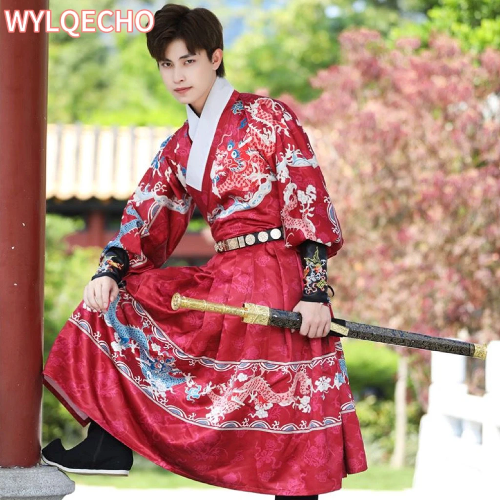 Chinese Traditional Ming Qing Dynasty Men Hanfu Dress Dragon Print Tang Suit Hanbok Korean Robe Prince Swordsman Cosplay Costume