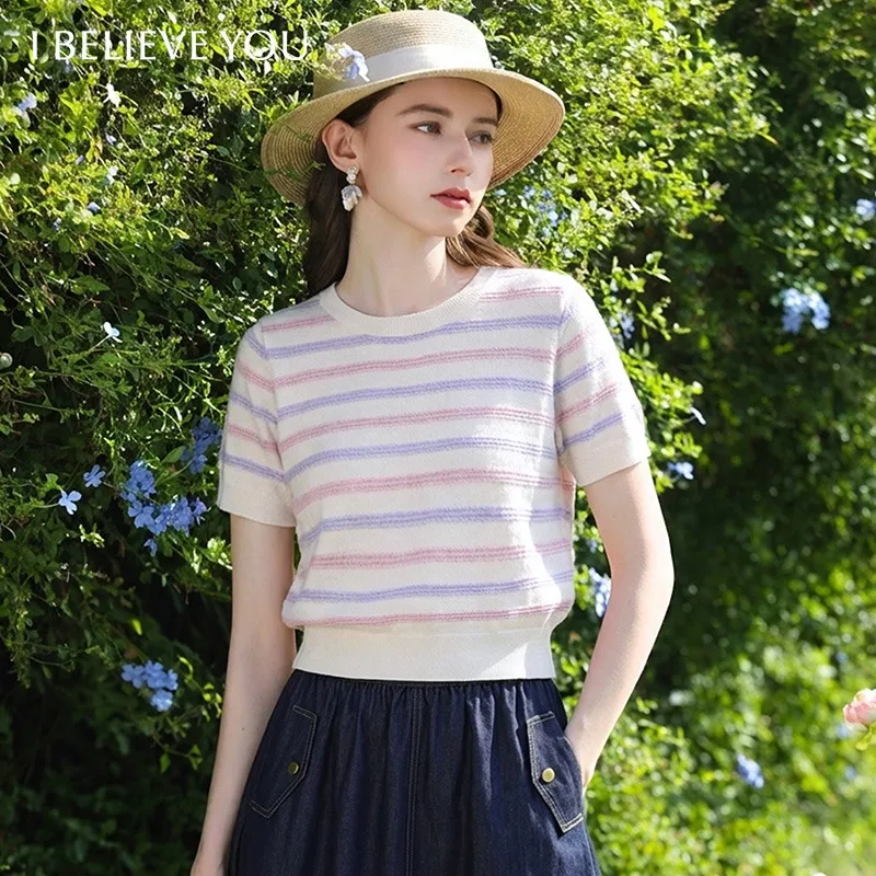 

I BELIEVE YOU Women's Striped Jacquard Knit Pullovers 2026 Spring New Ribbed Hem Gentle Elegant Tops For Women 2261146384