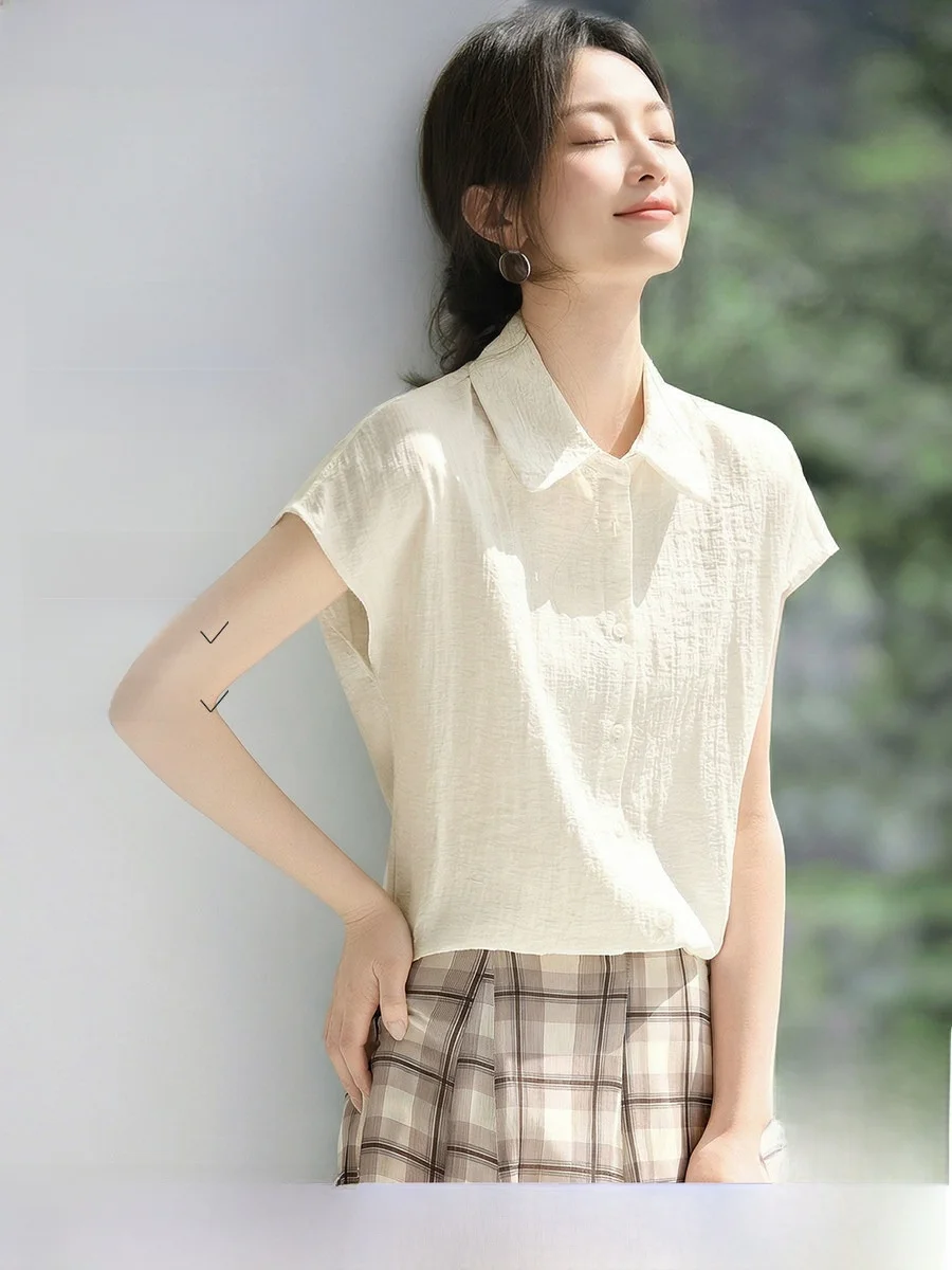 

Новая летняя дышащая женская рубашка Mo Han Mei без рукавов с отложным воротником, базовая модель для работы и повседневной носки, корейская версия