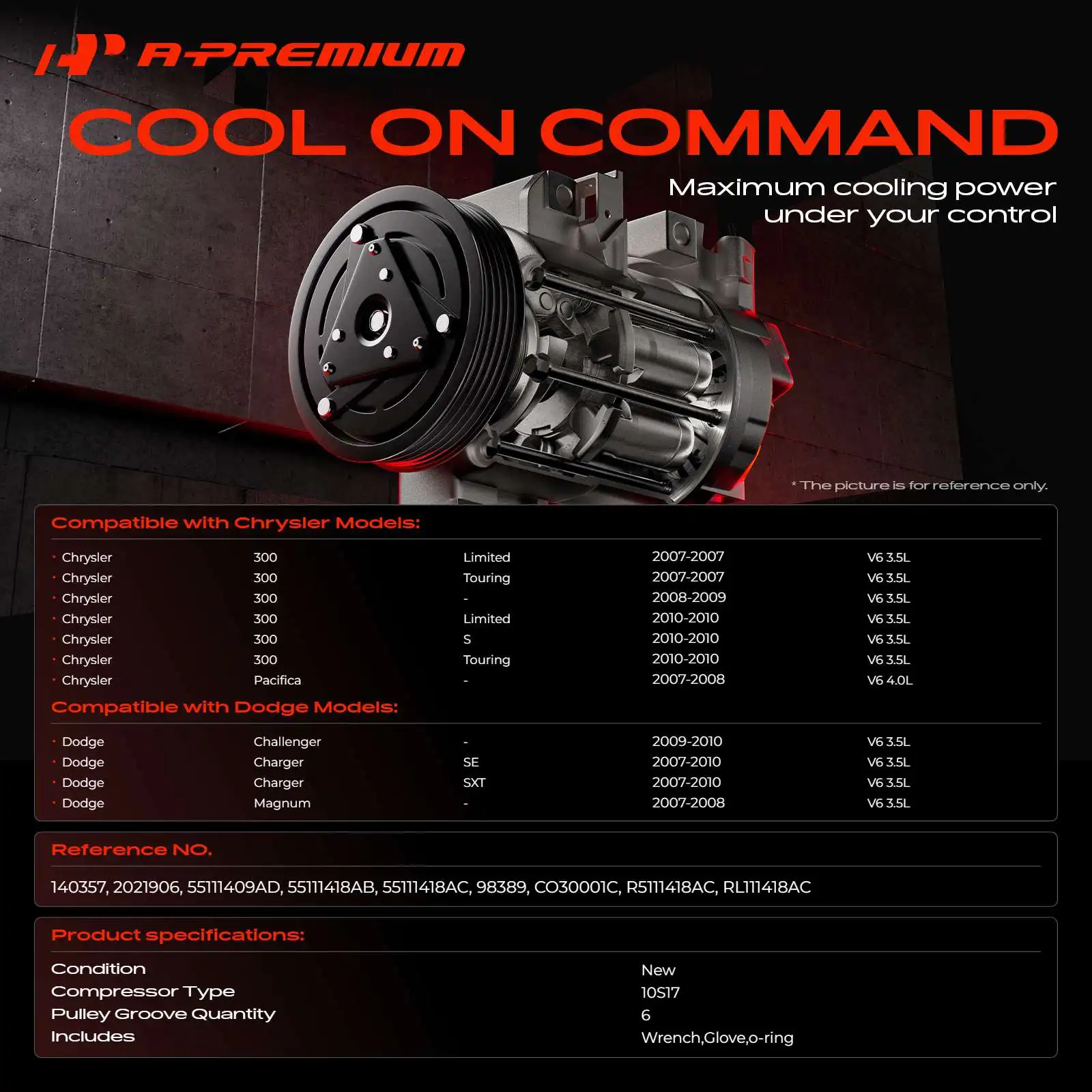 A-Premium AC Compressor with Clutch for Dodge Charger 2007-2010 Challenger 2009-2010 Chrysler Pacifica 2007-2008 300 2007-2010