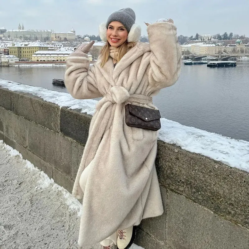 Lady Fashion Hooded Faux Fur Coat Women Plus Long Warm Thick Winter Beige Gradient Outerwear High-End Furry Belts Fur Overcoat