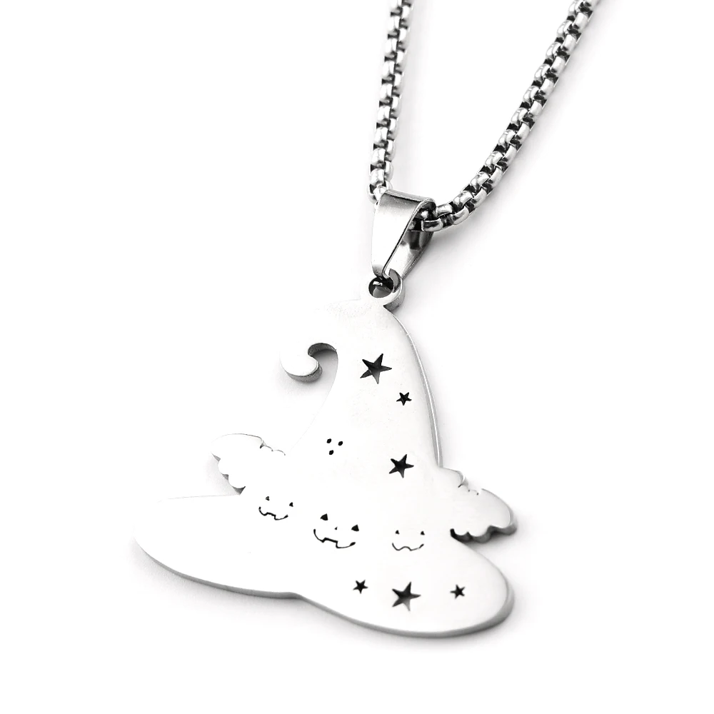 Gothic Magic Witch Hat Pumpkin Ghost Bat Star Pendant Necklace for Women Stainless Steel Silver Black Color Chain Jewelry Gift