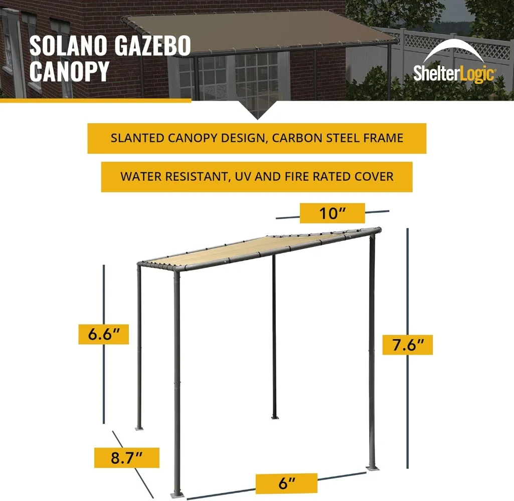 10' x 6' Solano Gazebo Canopy Charcoal Carbon Steel Frame and Marzipan Water-Resistant and Sun Protection Tan Cover