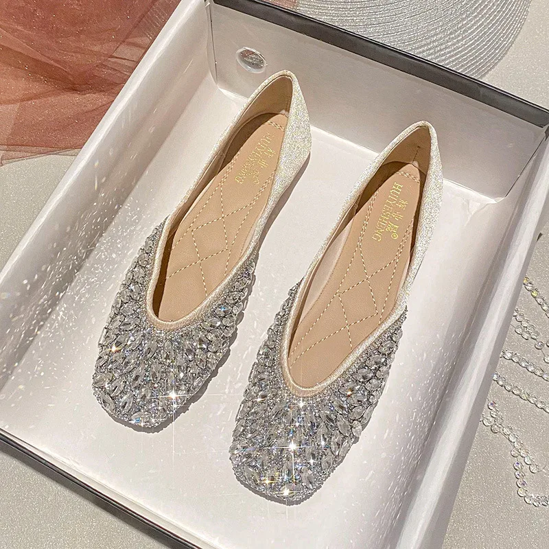 Buty damskie z kwadratową główką płaska podeszwa ślubne wodne diamenty miękkie Lolita Loafer damskie buty Zapatos De Mujer