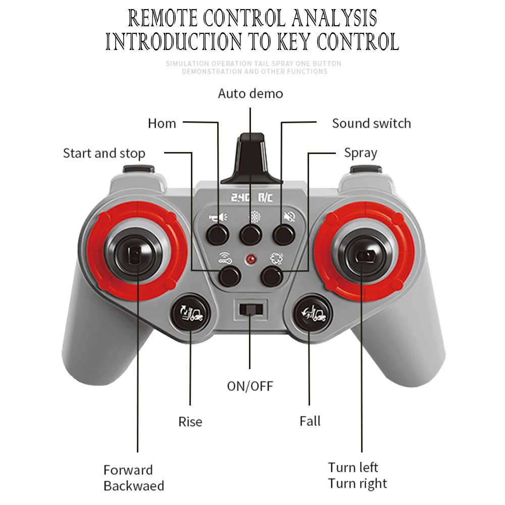 Carrello elevatore e gru in lega telecomandati da 2.4G, veicolo di ingegneria multifunzionale a 11 canali con luce, suono e Spray,