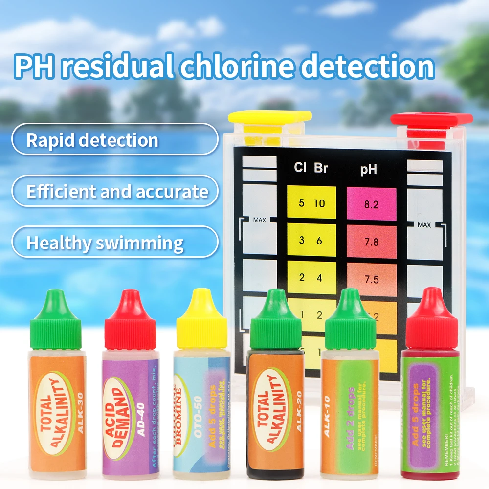 5-Way Water Quality Test Kit Chlorine Acid Demand Bromine Total Alkalinity PH Test Solution 20mL Volume  For Swimming Pool Spa