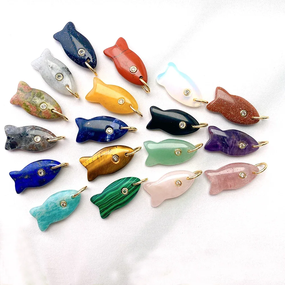 Natural Stone Zircon Fish Pendant Healing Crystals Charm DIY Handmade Jewelry Making Necklace Bracelet Bag Key Accessories 1PC
