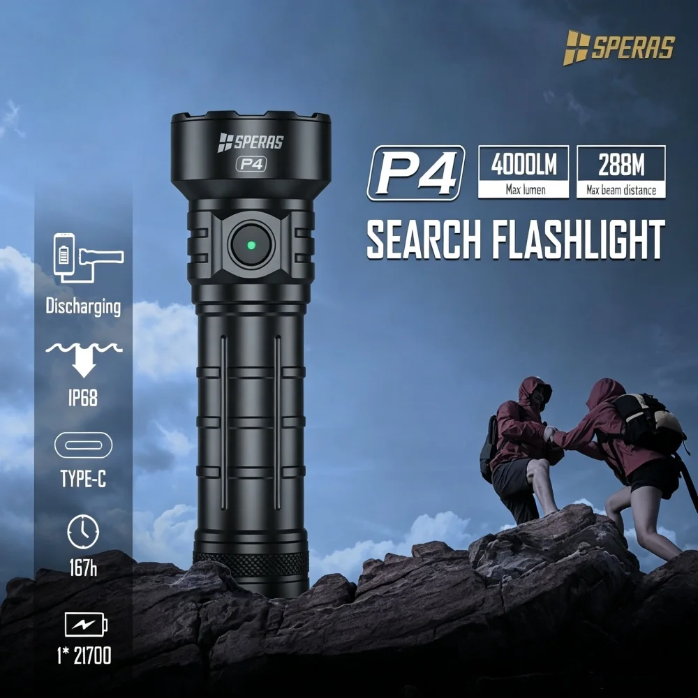Speras P4 Rechargeable Search Flashlight 4000LM 288M Long‑Throw IP68 Waterproof Torch Light 21700 Type‑C Emergency Flashlight