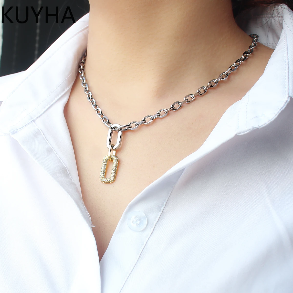 

Простое модное ожерелье из циркона с двойной полой квадратной пряжкой, простое ожерелье с полным цирконом, позолоченное ожерелье