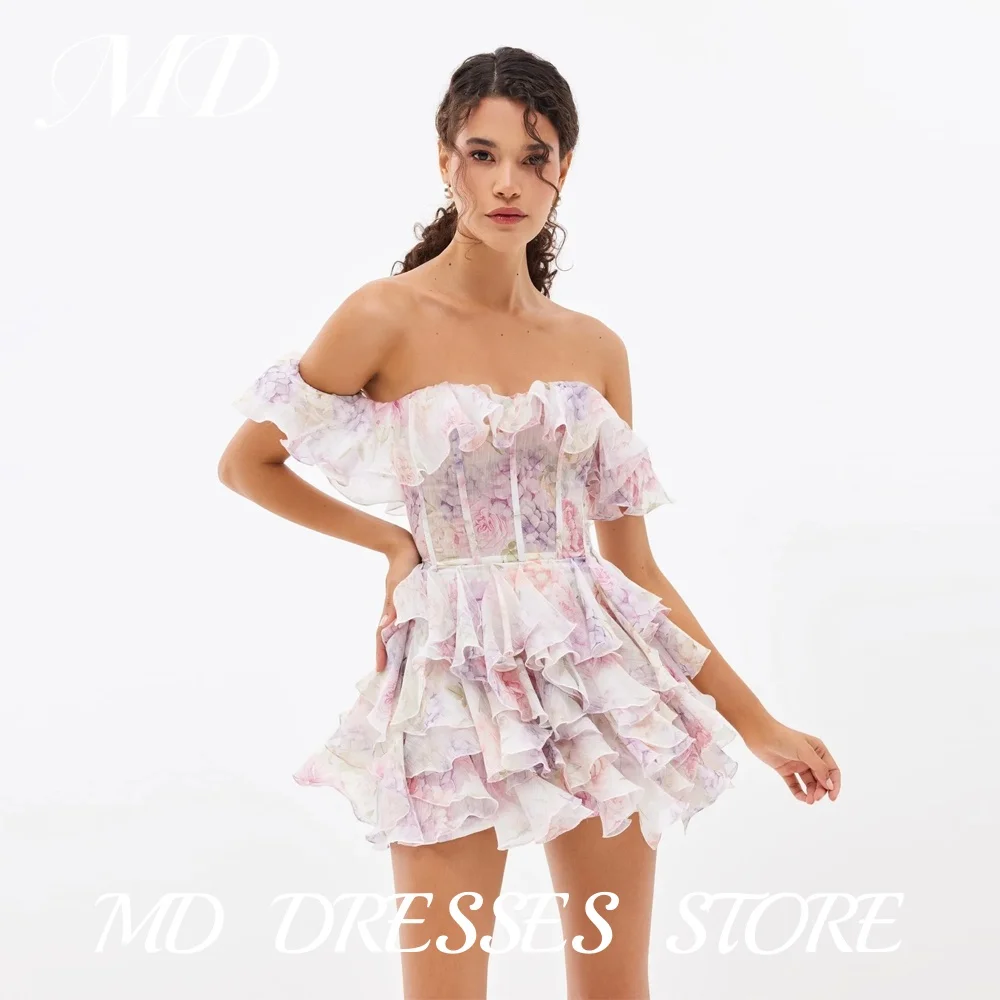 

MD Floral Off Shoulder Short A-line Evening Gown Tiered Pleated Ruffle Cocktail Prom Gown vestidos Prom Gown Customized 2025