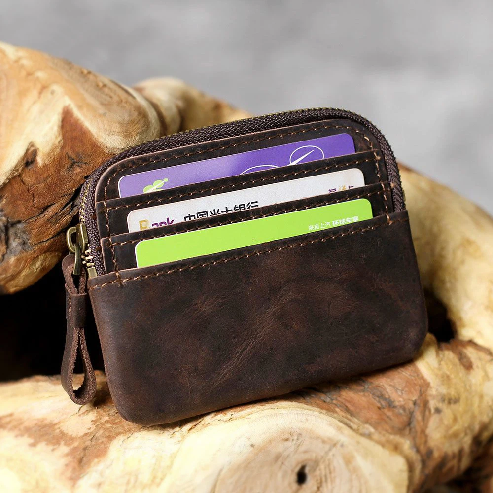Retro Handmade Crazy Horse Leather Mens Designer Wallet Slim Zipper Keys Credit Cards Holders Pocket Coin Holder Small Pouches