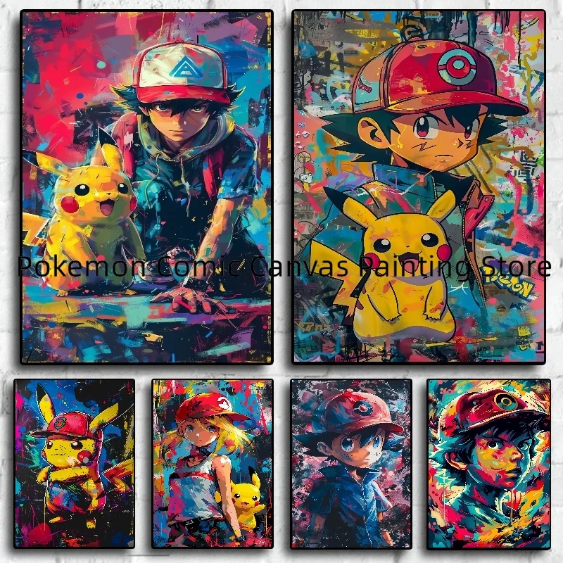 

Anime Cartoon Pokémon Ash Ketchum Pikachu Charmander HD Poster Picture Wall Peripheral Art Modern Room Decorate Canvas painting