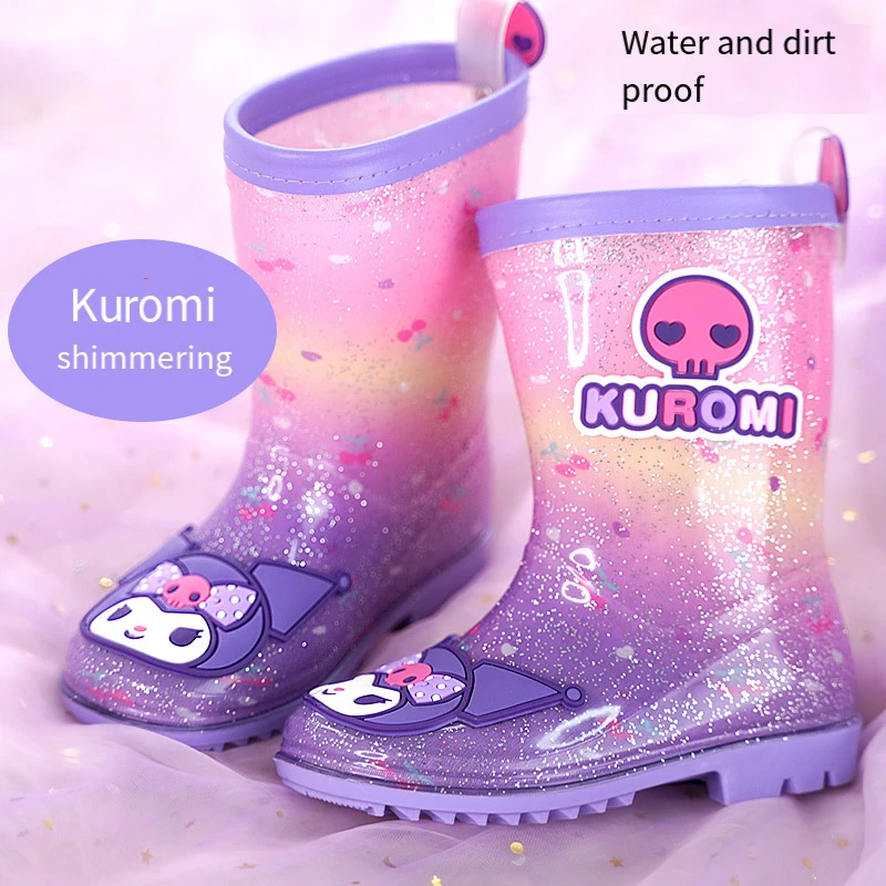 Kuromi Kid's Rain Boots Kawaii Anime Sanrio Waterproof Mid-Calf Boots Cartoon My Melody Print Cute Children Non-Slip Shoes