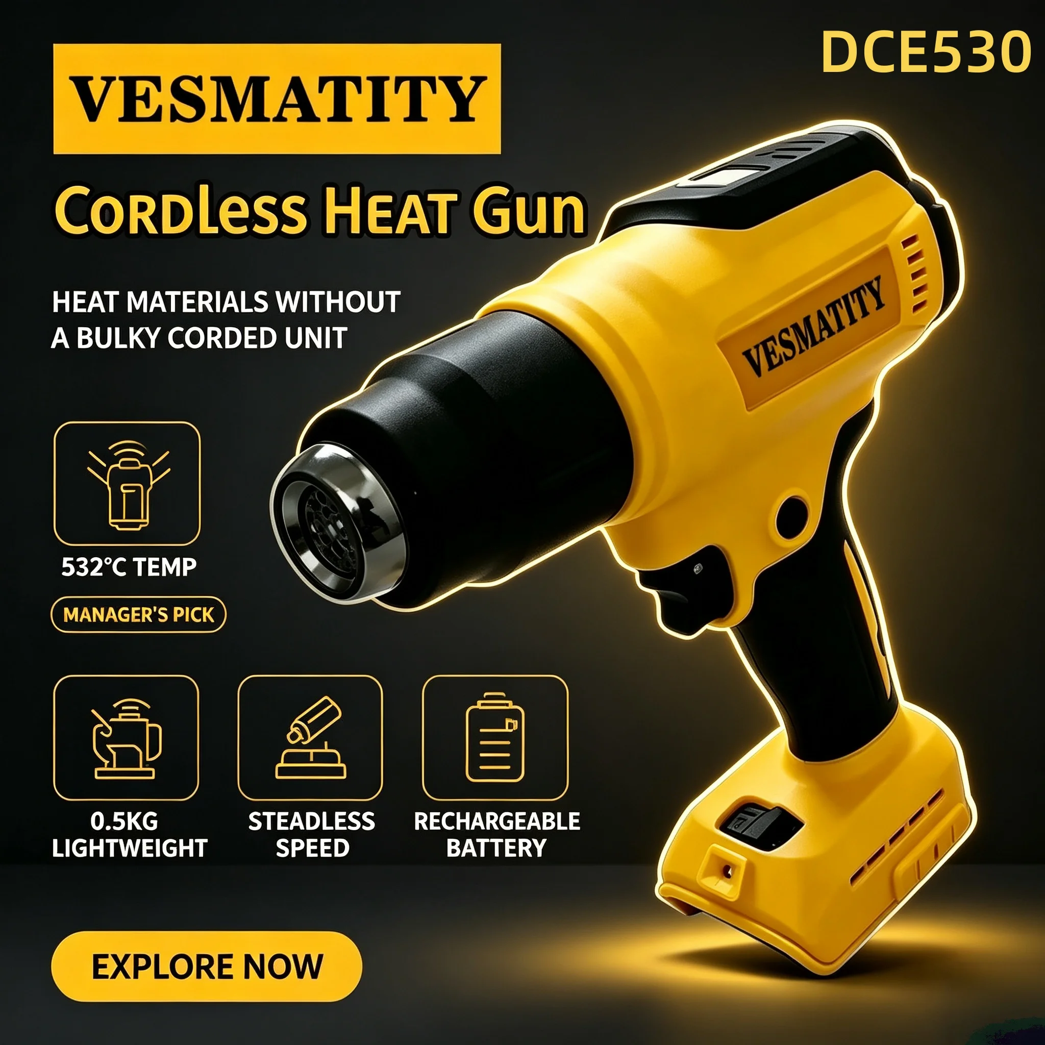 Vesmatity For 20V Battery 300W DCE530 Cordless Heat Gun High Power Thermal Blower Welding Heat Shrink Wrapping Tool Portable