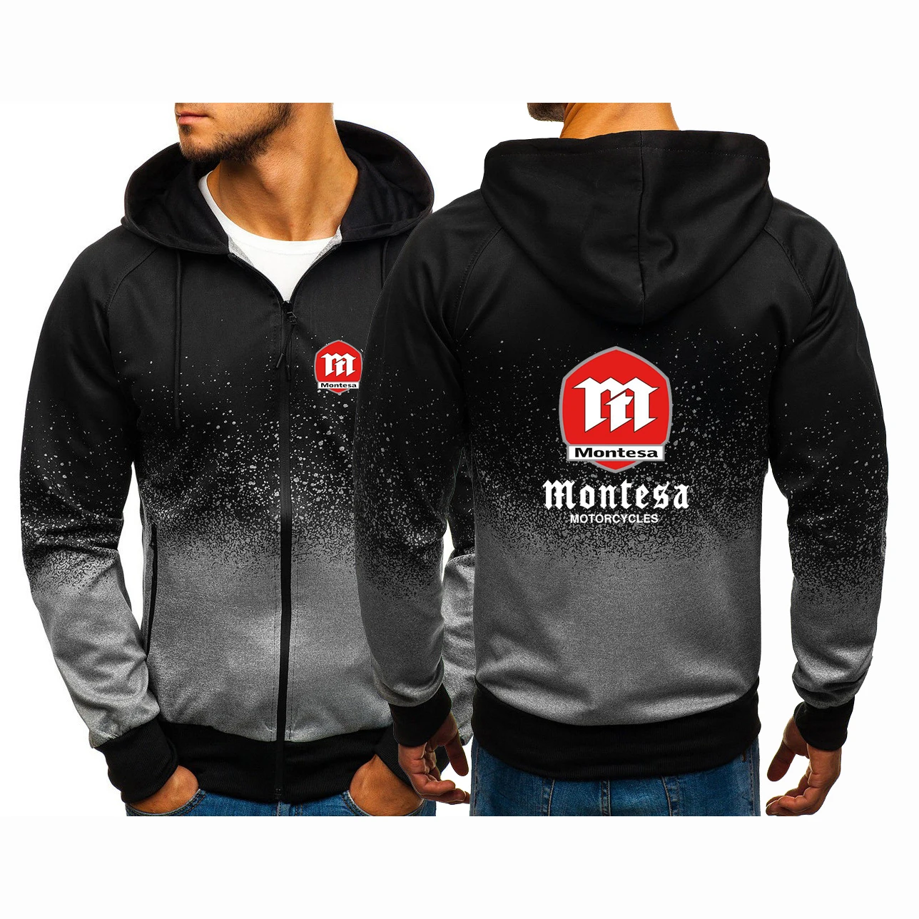 

2025 Spring Autumn Men's Montesa Motorcycle Logo Print New Type Gradient Color Hoodies High Street Fashion Jacket Hooded Coat