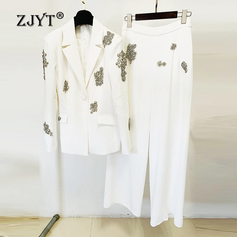 

ZJYT Designer Luxury Diamonds Blazer Suits Wide Leg Pants Sets for Women 2 Pieces Women's Suits White Outfit Jacket Trousers Set