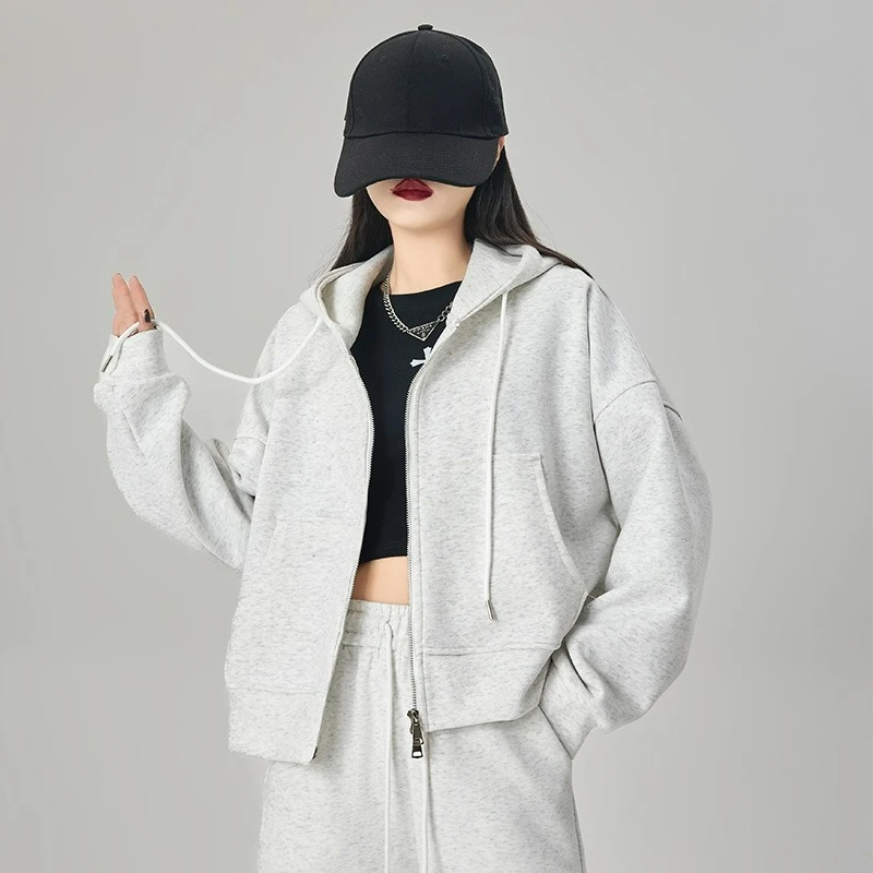 2025 Autumn and Winter Versatile Top Pink Loose Slimming Zipper Hooded Sweatshirt for Women