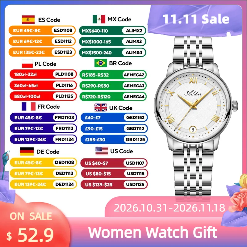 ADDIES Sapphire Glass Woman Watch 31mm Japan GM12 Quartz 316L Stainless Steel Wristwatch 50m Waterproof Business Watches Gift