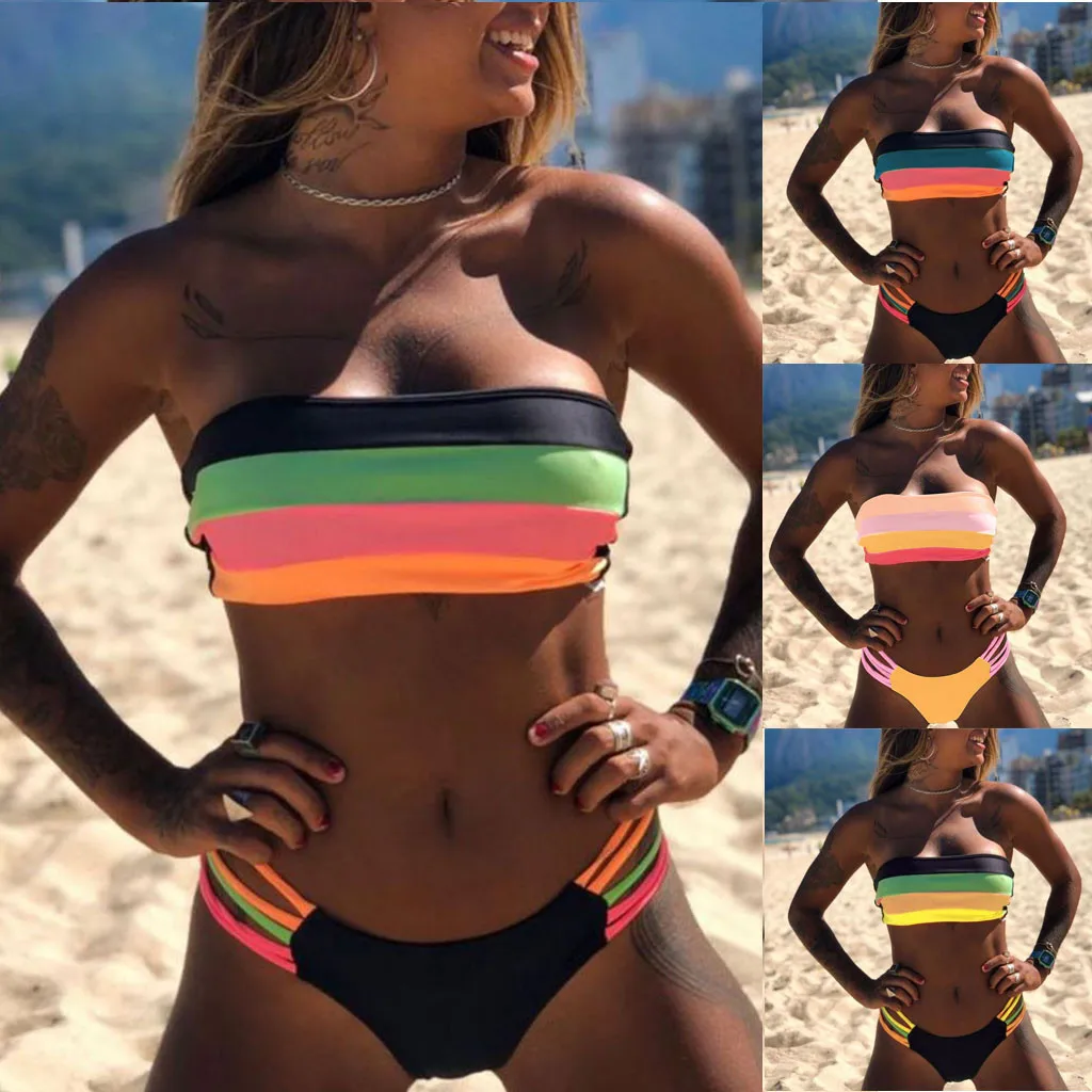 Bikini brasileño a rayas de colores para mujer, traje de baño con sujetador acolchado de realce, ropa de playa, novedad de 2023