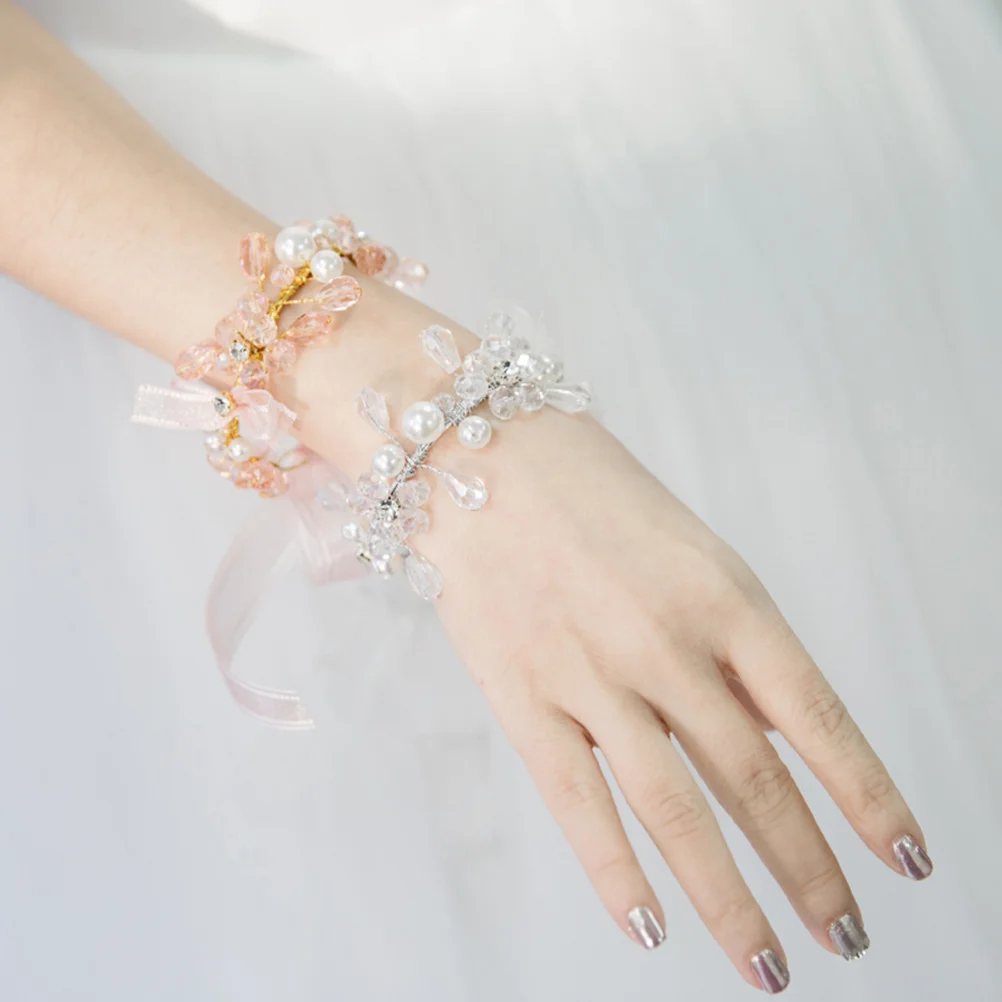 

Pink Crystal Yarn Ribbon Wedding Wrist Flower Bridal Bowknot Beaded Bracelet Bridesmaid Corsage for Wedding Party Dance Formal