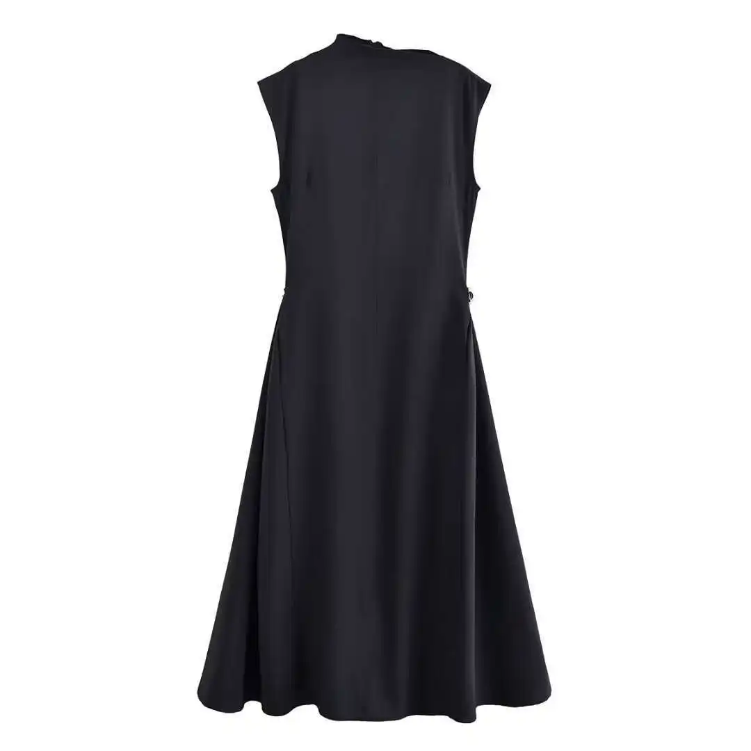 Elegant black long dress women fashion high collar sleeveless pleated dress 2025 spring and summer party ladies evening dress