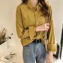 Temperament Fashion Autumn Winter Women Polo-Neck Striped Single Breasted Pockets Simplicity Office Lady Long Sleeve Shirts Tops