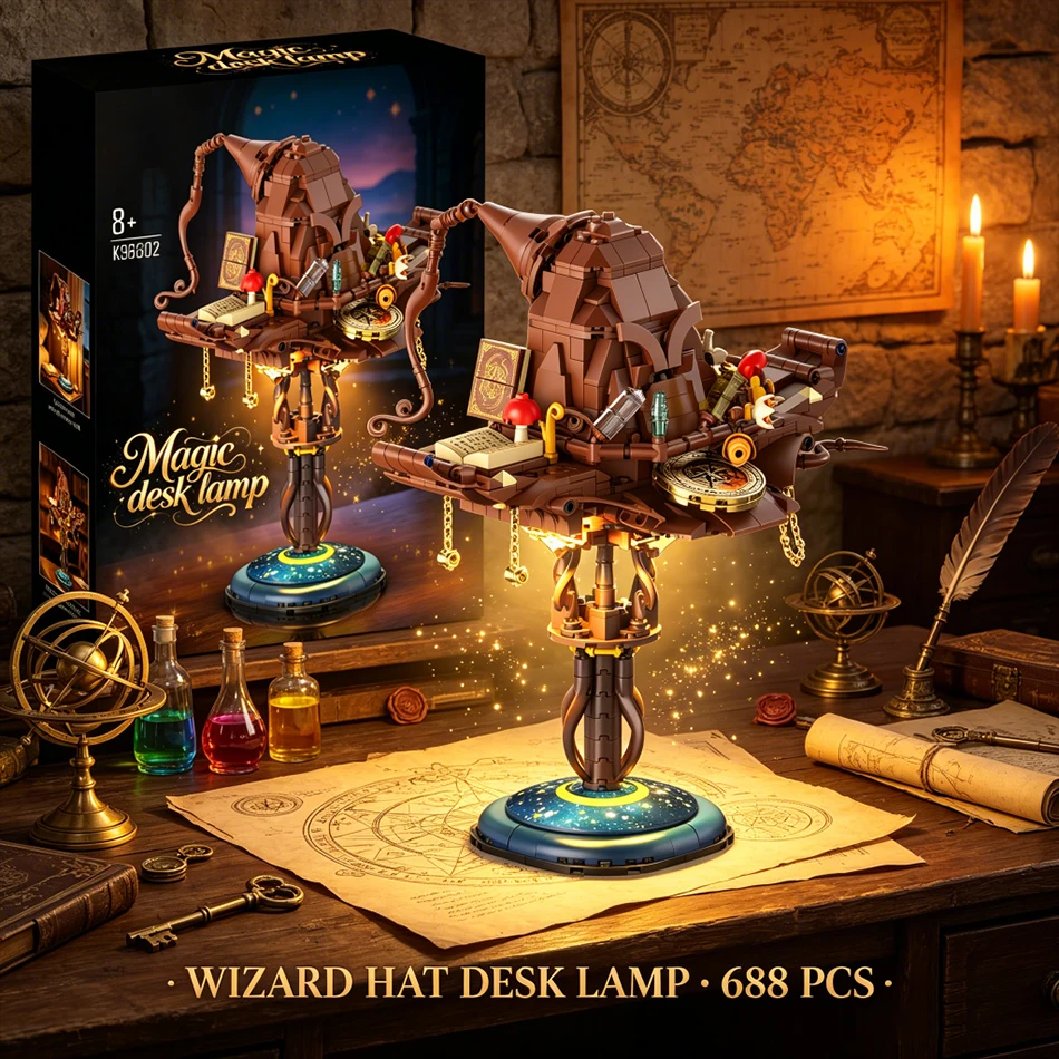 688 PCS Magic Witch Hat Desk Lamp Model Building Blocks Creative Wizard Hat Table Night Light Desktop Ornament Bricks Toys Gifts