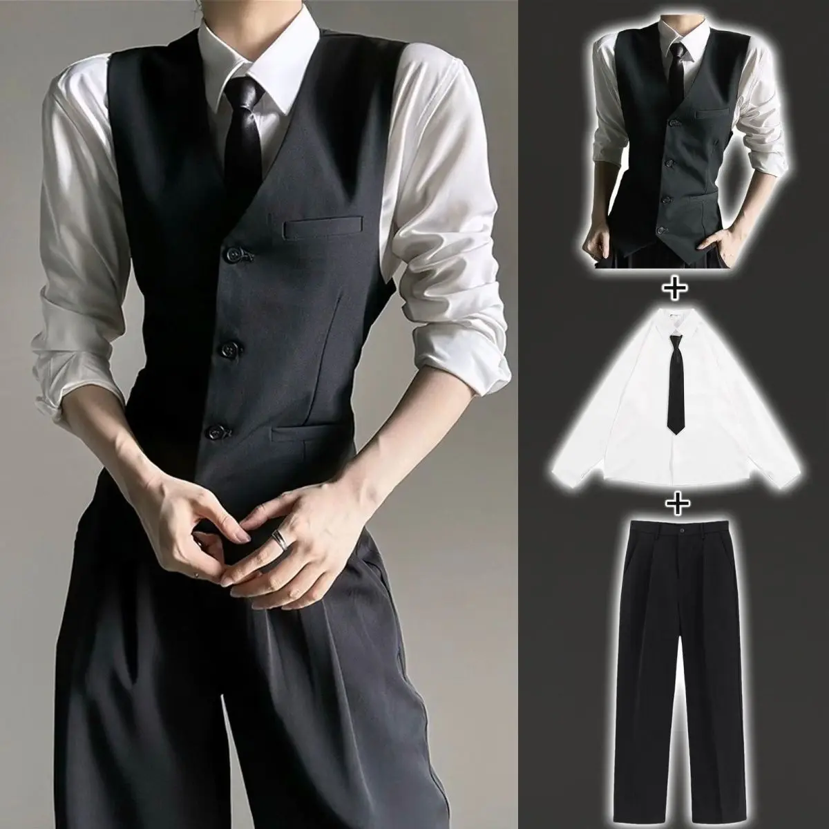 Black Three-Piece Suit Vest Set Slim Fit Unisex Fashionable Business Casual Style Flat Collar Single Button Closure  Color