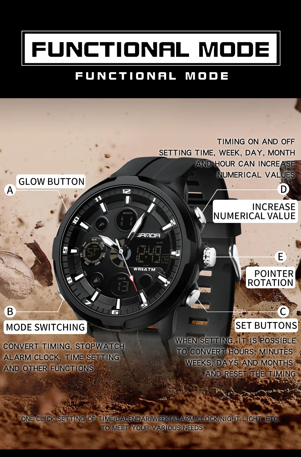 SANDA G style-reloj Digital deportivo para hombre, cronógrafo de cuarzo, resistente al agua hasta 50M, estilo militar