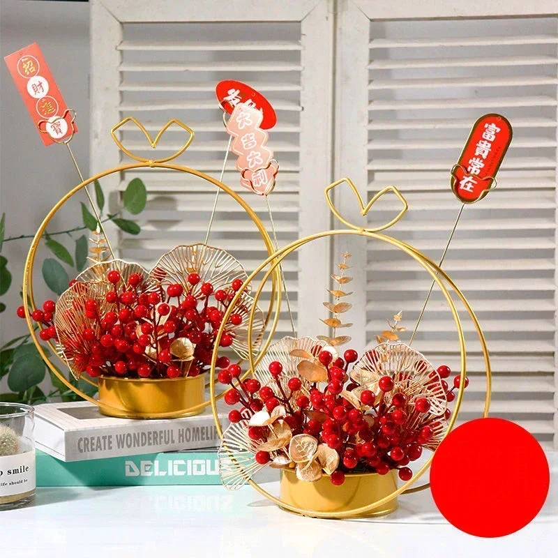 Chinese Red Fortune Fruit Lucky Holly Fruit Metal Vase Simulation Flower New Year Ornaments Home Livingroom Furnishing Crafts