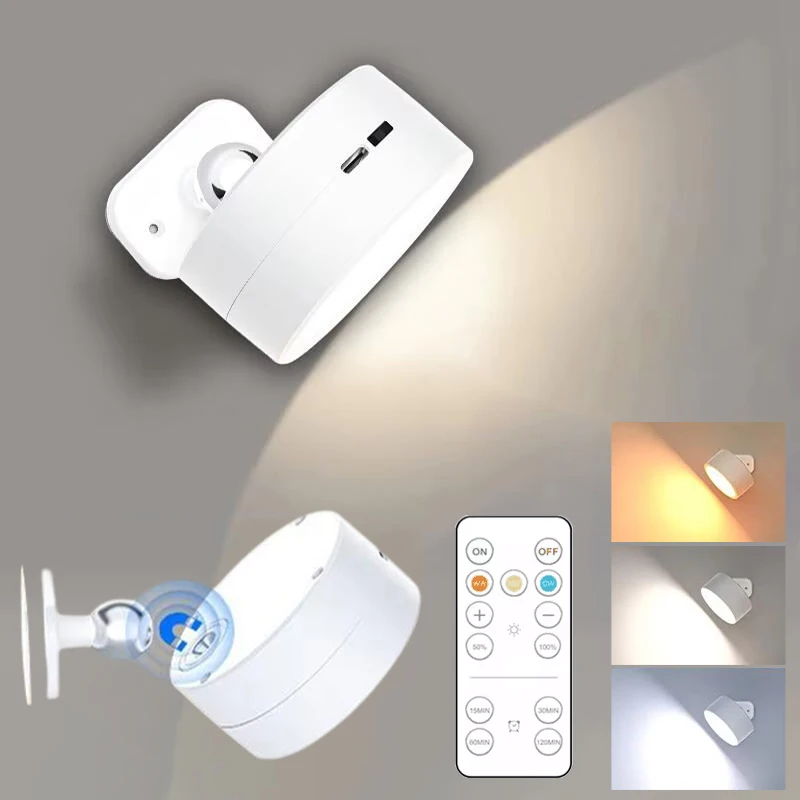 

LED Mounted Wall Lamp 3color Touch Remote Cntrol Cabinet Spotlight Night Light Angle Adjustable Magnetic Room Bedside Wall Light